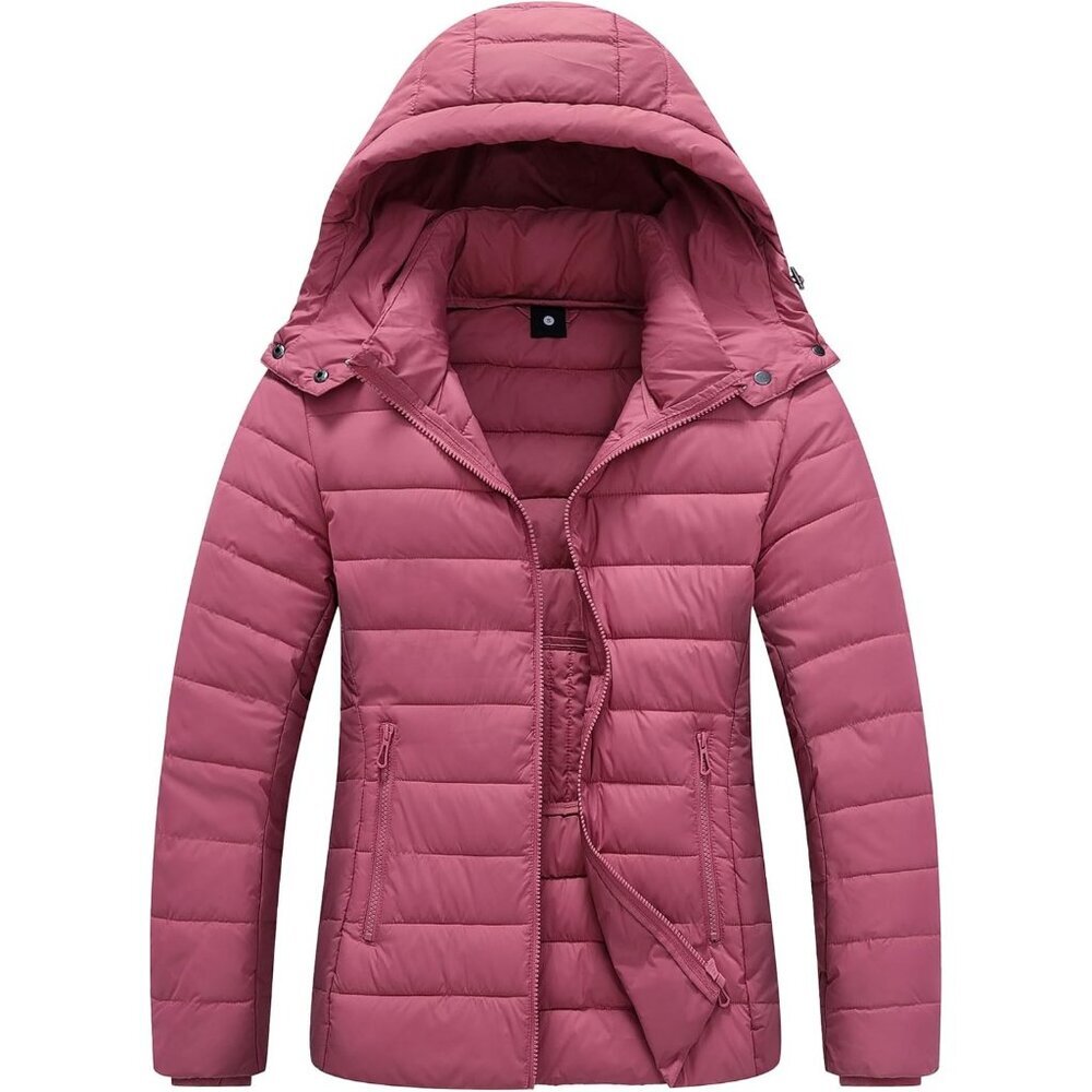 Women Rose Pink  Polyester Lightweight Waterproof Hooded Quilted Puffer Jacket